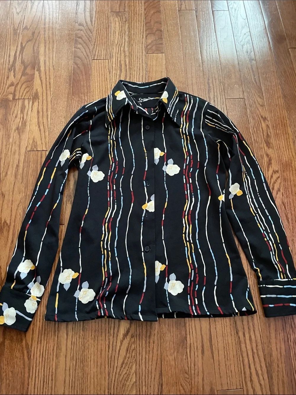 Vintage Christian Dior Black Floral Print Button Down Women’s Sz Small